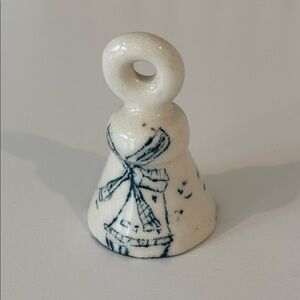 Delftware style mini Ceramic Bell cream Blue windmill sailboat signed P.E. WOODS